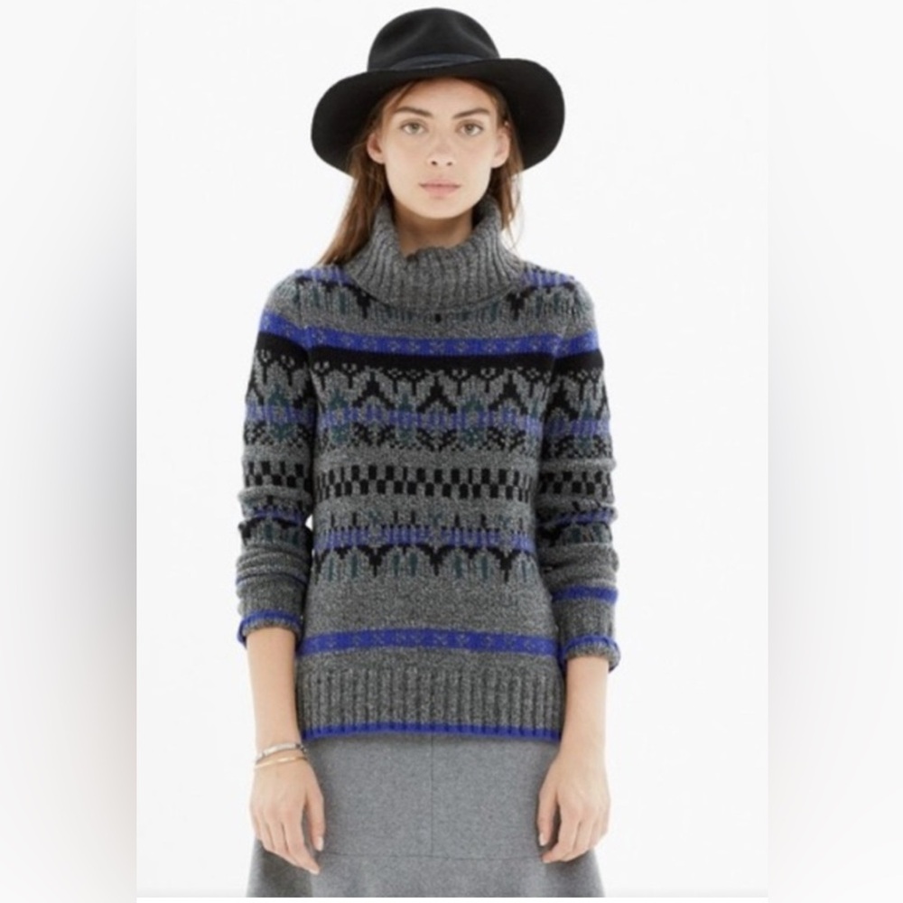Madewell Iceblock Fair Isle Cowl Neck Sweater 100% Merino Wool Gray, Blue, Black